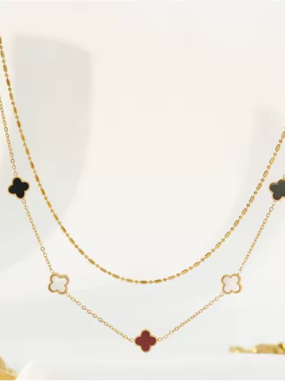 18K Gold plated Layered Clover Necklace with Black, White, and Red Accents